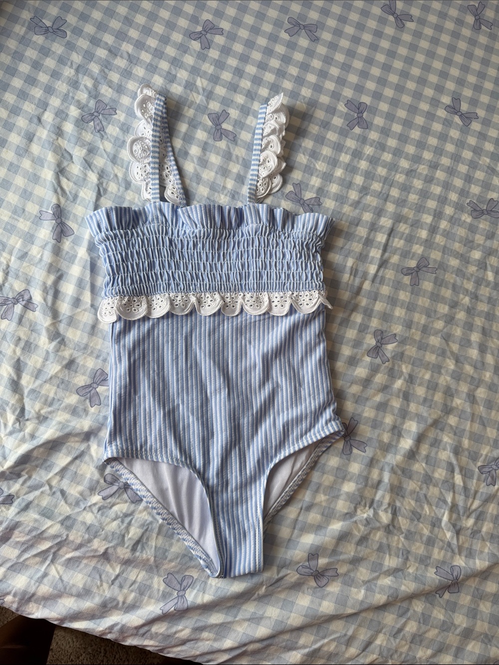 crown & ivy Light Blue and White Striped Lace-Trim One-Piece